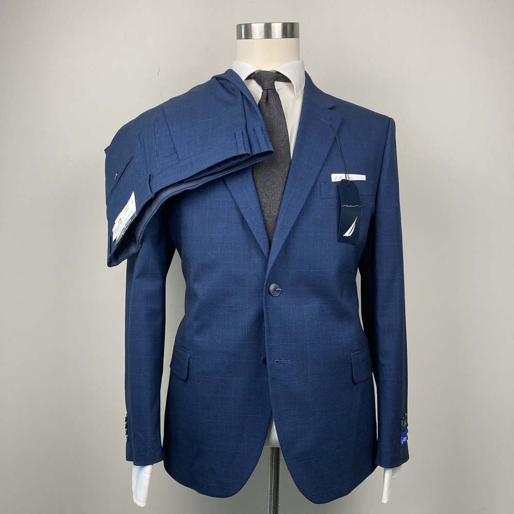 Nautica Suit Mens 2-pc Blazer Jacket 44S Pants 38Wx30L Blue Plaid